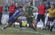 18 February 2023; John Porch of Connacht is tackled by Lorenzo Pani of Zebre during the United Rugby Championship match between Zebre Parma and Connacht at Stadio Sergio Lanfranchi in Parma, Italy. Photo by Massimiliano Carnabuci/Sportsfile