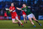 18 February 2023; Padraig Cassidy of Derry in action against Thomas O'Reilly of Meath during the Allianz Football League Division Two match between Derry and Meath at Derry GAA Centre of Excellence in Owenbeg, Derry. Photo by Ben McShane/Sportsfile