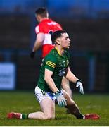 18 February 2023; Michael Flood of Meath reacts after his side concede their second goal, scored by Niall Toner of Derry, during the Allianz Football League Division Two match between Derry and Meath at Derry GAA Centre of Excellence in Owenbeg, Derry. Photo by Ben McShane/Sportsfile