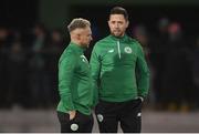 17 February 2023; Kerry FC manager Billy Dennehy, right and assistant manager James Sugrue before the SSE Airtricity Men's First Division match between Kerry and Cobh Ramblers at Mounthawk Park in Tralee, Kerry. Photo by Brendan Moran/Sportsfile
