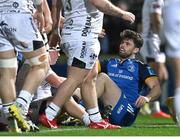 18 February 2023; Harry Byrne of Leinster after scoring his side's first try during the United Rugby Championship match between Leinster and Dragons at RDS Arena in Dublin. Photo by Harry Murphy/Sportsfile