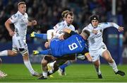 18 February 2023; Luke McGrath of Leinster is tackled by Jack Dixon of Dragons during the United Rugby Championship match between Leinster and Dragons at RDS Arena in Dublin. Photo by Tyler Miller/Sportsfile