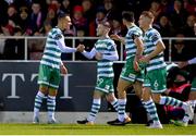 18 February 2023; Graham Burke of Shamrock Rovers, left, celebrates with teammate Jack Byrne after scoring their side's first goal during the SSE Airtricity Men's Premier Division match between Sligo Rovers and Shamrock Rovers at The Showgrounds in Sligo. Photo by Seb Daly/Sportsfile