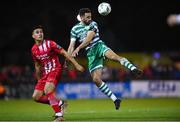 18 February 2023; Roberto Lopes of Shamrock Rovers in action against Max Mata of Sligo Rovers during the SSE Airtricity Men's Premier Division match between Sligo Rovers and Shamrock Rovers at The Showgrounds in Sligo. Photo by Seb Daly/Sportsfile