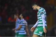18 February 2023; Neil Farrugia of Shamrock Rovers after his side conceded a late equalising goal during the SSE Airtricity Men's Premier Division match between Sligo Rovers and Shamrock Rovers at The Showgrounds in Sligo. Photo by Seb Daly/Sportsfile
