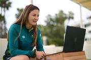 19 February 2023; Kyra Carusa speaks to media during a Republic of Ireland women training camp in Marbella, Spain. Photo by Stephen McCarthy/Sportsfile
