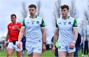 19 February 2023; Cillian Fahy, left, and James Naughton of Limerick react after their side's defeat in the Allianz Football League Division Two match between Louth and Limerick at Páirc Mhuire in Ardee, Louth. Photo by Ben McShane/Sportsfile