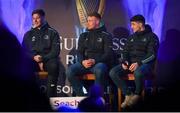 18 February 2023; Leinster players, from left, Joe McCarthy, Ciarán Frawley, and Cormac Foley during a Q&A session before the United Rugby Championship match between Leinster and Dragons at RDS Arena in Dublin. Photo by Tyler Miller/Sportsfile
