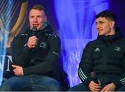 18 February 2023; Ciarán Frawley, left, and Cormac Foley during a Q&A session before the United Rugby Championship match between Leinster and Dragons at RDS Arena in Dublin. Photo by Tyler Miller/Sportsfile