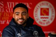 20 February 2023; Jake Mulraney during a St Patrick's Athletic media conference at Richmond Park in Dublin. Photo by Ramsey Cardy/Sportsfile