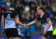 20 February 2023; Tadhg Brophy, right, and Shane Davitt of Newbridge College during the Bank of Ireland Leinster Rugby Schools Senior Cup Quarter Final match between CBC Monkstown and Newbridge College at Energia Park in Dublin. Photo by Harry Murphy/Sportsfile