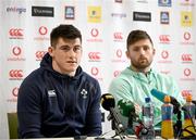 21 February 2023; Dan Sheehan, left, and Ross Byrne during an Ireland rugby media conference at the IRFU High Performance Centre at the Sport Ireland Campus in Dublin. Photo by Harry Murphy/Sportsfile