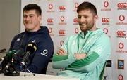 21 February 2023; Ross Byrne, right, and Dan Sheehan during an Ireland rugby media conference at the IRFU High Performance Centre at the Sport Ireland Campus in Dublin. Photo by Harry Murphy/Sportsfile