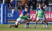 21 February 2023; Aaron O’Brien of St Mary’s College is tackled by Luke McLaughlin of Gonzaga College during the Bank of Ireland Leinster Rugby Schools Senior Cup Quarter Final match between St Mary’s College and Gonzaga College at Energia Park in Dublin.   Photo by Daire Brennan/Sportsfile