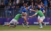 21 February 2023; Evan Moynihan of St Mary’s College is tackled by Gavin O’Grady, left, and Finn O’Neill of Gonzaga College during the Bank of Ireland Leinster Rugby Schools Senior Cup Quarter Final match between St Mary’s College and Gonzaga College at Energia Park in Dublin. Photo by Daire Brennan/Sportsfile