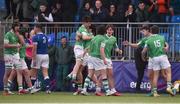 21 February 2023; Gonzaga College players celebrate after the Bank of Ireland Leinster Rugby Schools Senior Cup Quarter Final match between St Mary’s College and Gonzaga College at Energia Park in Dublin. Photo by Daire Brennan/Sportsfile