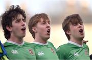 21 February 2023; Jack Kelly of Gonzaga College sings with his teammates after the Bank of Ireland Leinster Rugby Schools Senior Cup Quarter Final match between St Mary’s College and Gonzaga College at Energia Park in Dublin. Photo by Daire Brennan/Sportsfile