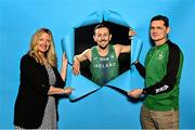 23 February 2023; In attendance during a 2023 European Indoor Championships Team Ireland media morning are, from left, 123.ie Head of Marketing Elaine Knowles, 800m runner John Fitzsimons, and Athletics Ireland Director of High  Performance Paul McNamara at the Sport Ireland Conference Centre in Dublin. Photo by Sam Barnes/Sportsfile