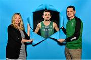 23 February 2023; In attendance during a 2023 European Indoor Championships Team Ireland media morning are, from left, 123.ie Head of Marketing Elaine Knowles, 800m runner John Fitzsimons, and Athletics Ireland Director of High  Performance Paul McNamara at the Sport Ireland Conference Centre in Dublin. Photo by Sam Barnes/Sportsfile