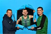 23 February 2023; In attendance during a 2023 European Indoor Championships Team Ireland media morning are, from left, Athletics Ireland High Performance Support Coach Emmett Dunleavy, 800m runner John Fitzsimons, and Athletics Ireland Director of High Performance Paul McNamara at the Sport Ireland Conference Centre in Dublin. Photo by Sam Barnes/Sportsfile