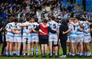 23 February 2023; Blackrock College players huddle after their side's victory in the Bank of Ireland Leinster Rugby Schools Senior Cup Quarter Final match between Blackrock College and Cistercian College at Energia Park in Dublin. Photo by Harry Murphy/Sportsfile