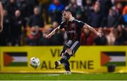 24 February 2023; Jordan Flores of Bohemians shoots to score his side's first goal, from a free-kick, during the SSE Airtricity Men's Premier Division match between Bohemians and Dundalk at Dalymount Park in Dublin. Photo by Stephen McCarthy/Sportsfile