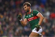 25 February 2023; Aidan O'Shea of Mayo celebrates after scoring his side's first goal during the Allianz Football League Division 1 match between Mayo and Tyrone at Hastings Insurance MacHale Park in Castlebar, Mayo. Photo by Ben McShane/Sportsfile