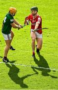 26 February 2023; Davy Glennon of Westmeath is blocked down by Cathail Ó'Cormaic of Cork during the Allianz Hurling League Division 1 Group A match between Cork and Westmeath at Páirc Ui Chaoimh in Cork. Photo by Eóin Noonan/Sportsfile