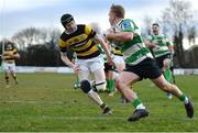 26 February 2023; Jack Sheridan of Naas RFC on his way to scoring his side's fifth try during the Bank of Ireland Leinster Rugby Provincial Towns Cup Second Round match between Naas RFC and Newbridge RFC at Naas RFC in Naas, Kildare. Photo by Tyler Miller/Sportsfile