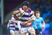 27 February 2023; Dermot Collins of Clongowes Wood College is tackled by Wilhelm De Klerk of St Michaels College during the Bank of Ireland Leinster Rugby Schools Senior Cup Quarter Final match between Clongowes Wood College and St Michael’s College at Energia Park in Dublin. Photo by David Fitzgerald/Sportsfile