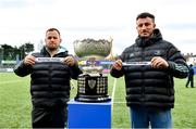 27 February 2023; Leinster players Ed Byrne, left, and Will Connors during the Bank of Ireland Leinster Rugby Schools Senior Cup Semi Final draw at Energia Park in Dublin. Photo by David Fitzgerald/Sportsfile