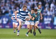 28 February 2023; Rhys Keogh of Blackrock College makes a break on his way to scoring his side's third try during the Bank of Ireland Leinster Schools Junior Cup Quarter Final match between St Gerard’s School and Blackrock College at Energia Park in Dublin. Photo by Ben McShane/Sportsfile