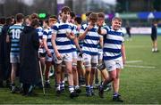 28 February 2023; Blackrock College players, including Louis Magee Loose, right, waves to the supporters after their victory in the Bank of Ireland Leinster Schools Junior Cup Quarter Final match between St Gerard’s School and Blackrock College at Energia Park in Dublin. Photo by Ben McShane/Sportsfile