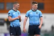 28 February 2023; Setanta McLaughlin, left, and Conor Canniffe of St Michael's College during the Bank of Ireland Leinster Schools Junior Cup Quarter Final match between Castleknock College v St Michael’s College at Energia Park in Dublin. Photo by Ben McShane/Sportsfile