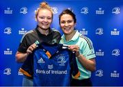 1 March 2023; Jess Keating is presented with her jersey by head coach Tania Rosser during the Leinster Rugby Women's Cap and Jersey presentation at the Bank of Ireland Montrose Branch in Dublin. Photo by Harry Murphy/Sportsfile