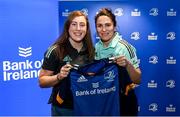 1 March 2023; Molly Boyne is presented with her jersey by head coach Tania Rosser during the Leinster Rugby Women's Cap and Jersey presentation at the Bank of Ireland Montrose Branch in Dublin. Photo by Harry Murphy/Sportsfile
