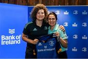 1 March 2023; Jenny Murphy is presented with her jersey by head coach Tania Rosser during the Leinster Rugby Women's Cap and Jersey presentation at the Bank of Ireland Montrose Branch in Dublin. Photo by Harry Murphy/Sportsfile