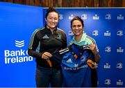 1 March 2023; Hannah O'Connor is presented with her jersey by head coach Tania Rosser during the Leinster Rugby Women's Cap and Jersey presentation at the Bank of Ireland Montrose Branch in Dublin. Photo by Harry Murphy/Sportsfile