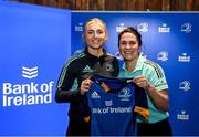 1 March 2023; Anna Doyle is presented with her jersey by head coach Tania Rosser during the Leinster Rugby Women's Cap and Jersey presentation at the Bank of Ireland Montrose Branch in Dublin. Photo by Harry Murphy/Sportsfile