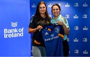 1 March 2023; Ella Roberts is presented with her jersey by head coach Tania Rosser during the Leinster Rugby Women's Cap and Jersey presentation at the Bank of Ireland Montrose Branch in Dublin. Photo by Harry Murphy/Sportsfile