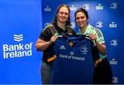 1 March 2023; Megan Collis is presented with her jersey by head coach Tania Rosser during the Leinster Rugby Women's Cap and Jersey presentation at the Bank of Ireland Montrose Branch in Dublin. Photo by Harry Murphy/Sportsfile