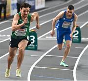 2 March 2023; John Fitzsimons of Ireland, left, competing in the men's 800m heats during Day 0 of the European Indoor Athletics Championships at Ataköy Athletics Arena in Istanbul, Türkiye. Photo by Sam Barnes/Sportsfile