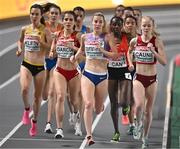 2 March 2023; Melissa Courtney-Bryant of Great Britain, centre, leads in the women's 3000m heats during Day 0 of the European Indoor Athletics Championships at Ataköy Athletics Arena in Istanbul, Türkiye. Photo by Sam Barnes/Sportsfile