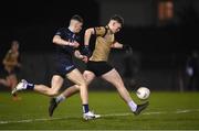 2 March 2023; Joey McMahon of TUS Midlands in action against Kevin Swayne of SETU Carlow during the Electric Ireland Higher Education GAA Freshers Football 2 Final match between South East Technological University Carlow and Technological University of the Shannon: Midlands at South East Technological University Sports Complex in Carlow. Photo by Stephen McCarthy/Sportsfile
