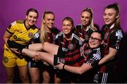 2 March 2023; Bohemians players, from left, Medbh Ryan, Ciara Maher, Sarah Rowe, Katie Burdis and Mia Dodd holding Aoife Robinson during a squad portrait session at DCU Sports Complex in Dublin. Photo by David Fitzgerald/Sportsfile