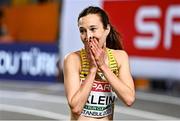 3 March 2023; Hanna Klein of Germany after winning the Women's 3000m final during Day 1 of the European Indoor Athletics Championships at Ataköy Athletics Arena in Istanbul, Türkiye. Photo by Sam Barnes/Sportsfile