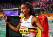 3 March 2023; Nafissatou Thiam of Belgium after winning a gold medal in the pentathlon with a world record of 5055 points during Day 1 of the European Indoor Athletics Championships at Ataköy Athletics Arena in Istanbul, Türkiye. Photo by Sam Barnes/Sportsfile