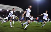 3 March 2023; Louis Annesley of Dundalk celebrates with teammate Hayden Muller, left, and Darragh Leahy, right, after scoring their side's second goal during the SSE Airtricity Men's Premier Division match between Dundalk and St Patrick's Athletic at Oriel Park in Dundalk, Louth. Photo by Ben McShane/Sportsfile