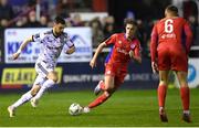 3 March 2023; Jordan Flores of Bohemians in action against Tyreke Wilson of Shelbourne during the SSE Airtricity Men's Premier Division match between Shelbourne and Bohemians at Tolka Park in Dublin. Photo by Tyler Miller/Sportsfile