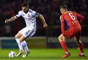 3 March 2023; Jordan Flores of Bohemians in action against Jonathan Lunney of Shelbourne during the SSE Airtricity Men's Premier Division match between Shelbourne and Bohemians at Tolka Park in Dublin. Photo by Tyler Miller/Sportsfile